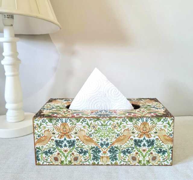 William Morris Strawberry Thief Tissue Box Cover, Floral Green & Gold Bird Design, Handcrafted - image 1