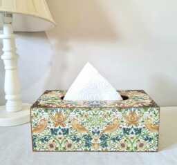 William Morris Strawberry Thief Tissue Box Cover, Floral Green & Gold Bird Design, Handcrafted - thumbnail 1
