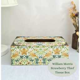 William Morris Strawberry Thief Tissue Box Cover, Floral Green & Gold Bird Design, Handcrafted - thumbnail 3
