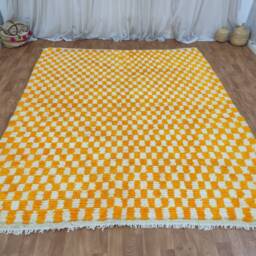 Handmade Moroccan Wool Rug - Yellow & White Checkered Area - thumbnail 4
