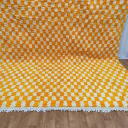 Handmade Moroccan Wool Rug - Yellow & White Checkered Area - thumbnail 3