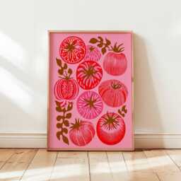 Folk Art Tomato Print, Bohemian Kitchen Decor, Maximalist Foodie Gift - thumbnail 1