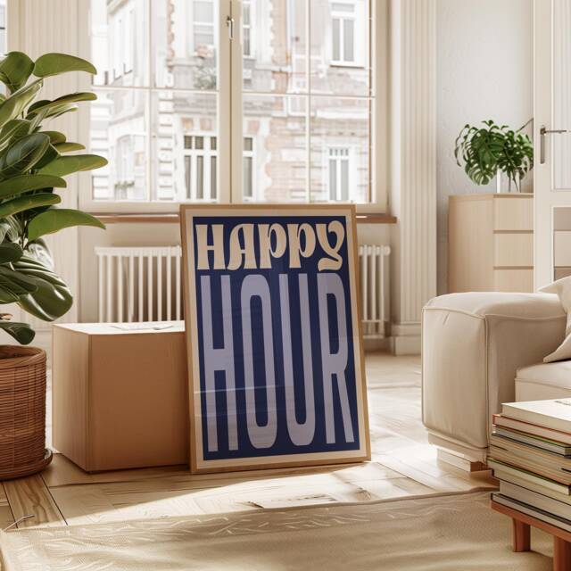 Happy Hour Poster, Bar Art, Cocktails Print, Aesthetic Trendy Wall Decor, Blue Retro Kitchen Print Home Decor 2568 - image 1