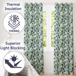 Blue Green Eucalyptus Leaves Elegant Seamless Pattern Readymade Eyelet Ring Top Thermal 100% Blackout Curtains - thumbnail 3