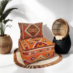 Moroccan Kilim Floor Pouf With Backrest Vintage Ottoman - Unstuffed - thumbnail 1