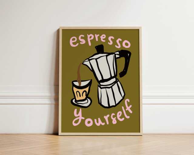 Espresso Yourself Print, Coffee Art Illustration, Kitchen Wall Art, Retro Unframed - image 1