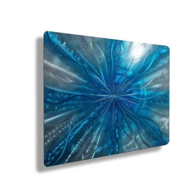 Metal Wall Art Abstract Painting Silver & Blue Modern Decor For Indoor Or Outdoor - image 1