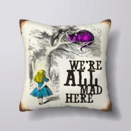Alice in Wonderland Cheshire Cat We're All Mad Here Vintage- Customizeable Personlized - Cushion Cover Case Or Stuffed With Insert - thumbnail 1