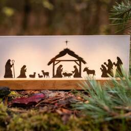 Wooden Christmas Crib Made Of Oak - Modern Small & Large With Tea Light, Paper Cutouts Various Motifs, Handmade Decoration - thumbnail 2