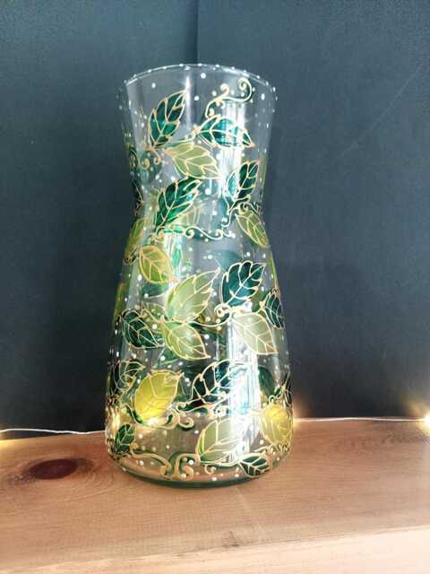 Beautiful Hand Painted Leaves Carafe Vase. 20cm. Unique - image 1