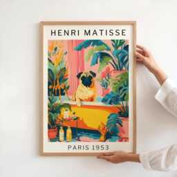 Funny Dog Bathroom Poster Pug in Tub Wall Art Matisse Inspired Tropical Pet Decor Quirky Print For Powder Room Guest Bath Lover Gift - thumbnail 1