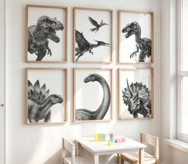 Dinosaur Nursery Prints - Set Of 6 Black & White Wall Art, Printed Or Framed - image 1