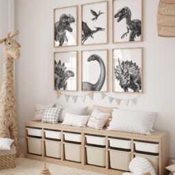 Dinosaur Nursery Prints - Set Of 6 Black & White Wall Art, Printed Or Framed - thumbnail 2