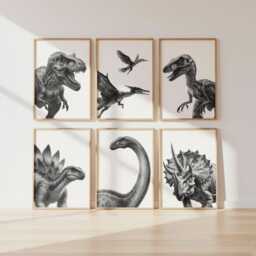 Dinosaur Nursery Prints - Set Of 6 Black & White Wall Art, Printed Or Framed - thumbnail 3