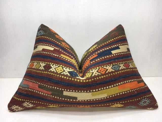 Vintage Kilim Pillow Cover, Bohemian Throw Pillow, Handwoven Turkish Accent, 16x24 - image 1