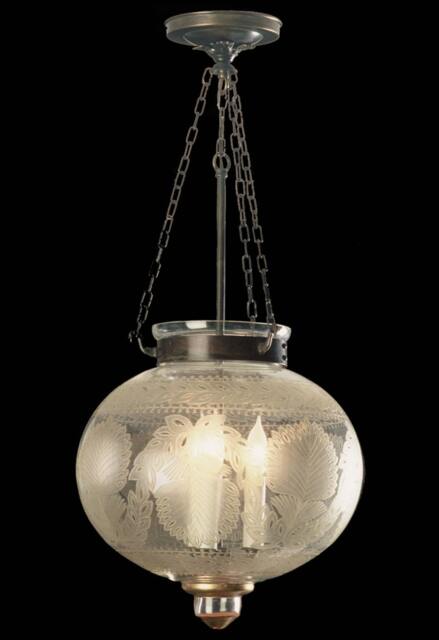 Etched Glass Globe Chandelier, Antique Brass Finish