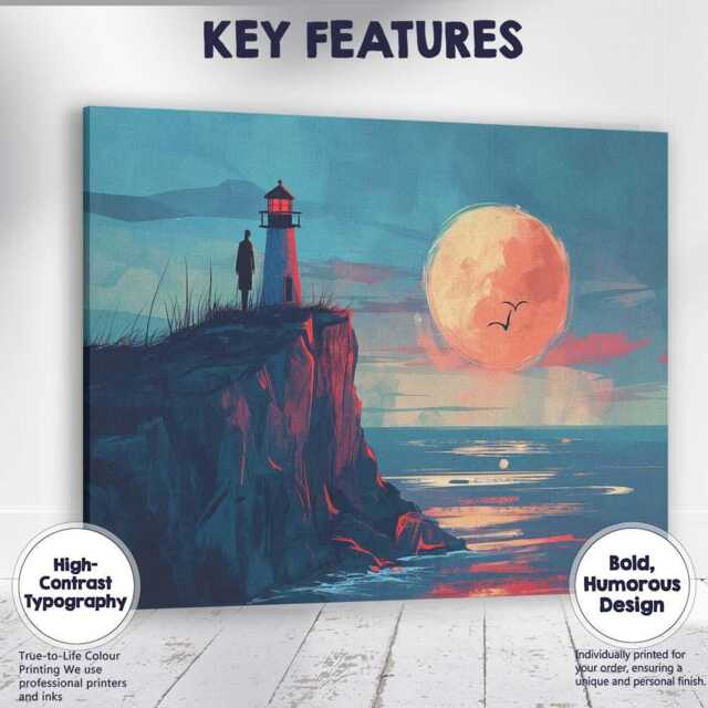 Moonlit Lighthouse Coastal Cliff Seascape Illustration Canvas Wall Art Print Decor Picture Ready To Hang - image 1