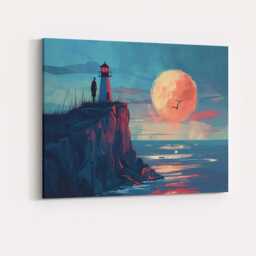 Moonlit Lighthouse Coastal Cliff Seascape Illustration Canvas Wall Art Print Decor Picture Ready To Hang - thumbnail 4