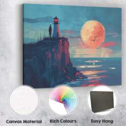Moonlit Lighthouse Coastal Cliff Seascape Illustration Canvas Wall Art Print Decor Picture Ready To Hang - thumbnail 2