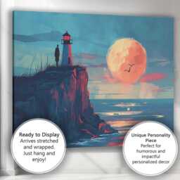 Moonlit Lighthouse Coastal Cliff Seascape Illustration Canvas Wall Art Print Decor Picture Ready To Hang - thumbnail 3