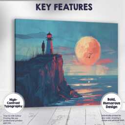 Moonlit Lighthouse Coastal Cliff Seascape Illustration Canvas Wall Art Print Decor Picture Ready To Hang - thumbnail 1