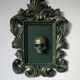 Framed Bronze Patina Skull. in Gothic Style Frame - thumbnail 3