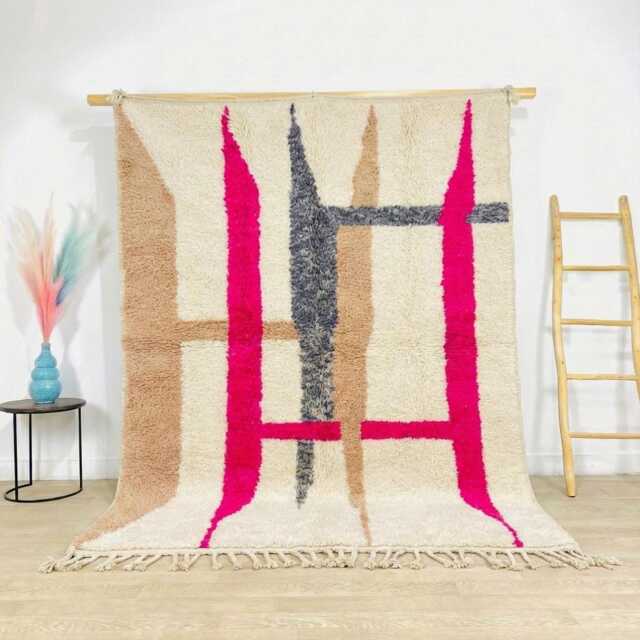 Moroccan Ivory Berber Rug, Handwoven Wool Shag Rug With Abstract Pink Lines, Authentic Beni Ourain Carpet, Boho Nursery Large Area - image 1
