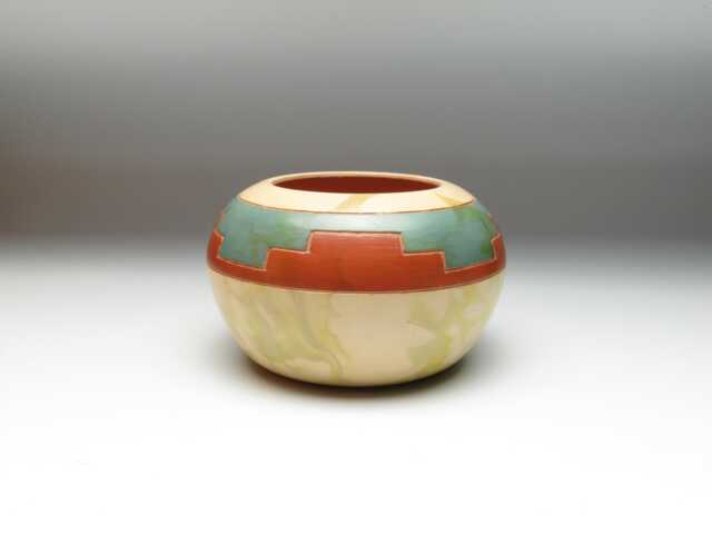 Wheel Thrown Earthenware Pottery With Southwestern Geometric Design, Turquoise & Yellow Iron Terra Sigillata - image 1