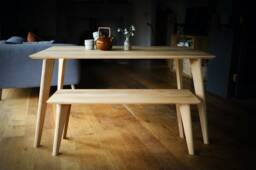 Rectangular Solid Oak Dining Table & Bench Set, Handmade Mid-Century Modern Scandinavian - thumbnail 1