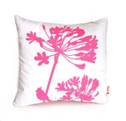 Hot Pink Print On Off-White Cardinal Agapanthus-Mini 10.5 Inches Square Pillow - thumbnail 1