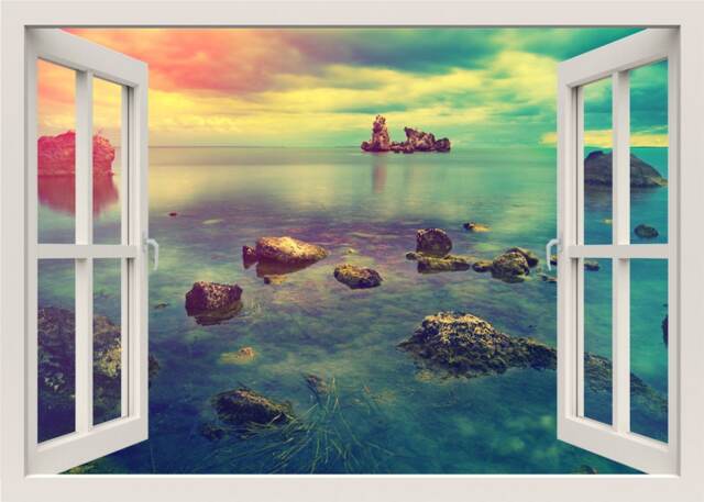 Rocks Wall Decal Mural, Sea View Decal, 3D Window Nature Sticker, Living Room Bedroom Home Decor Mural