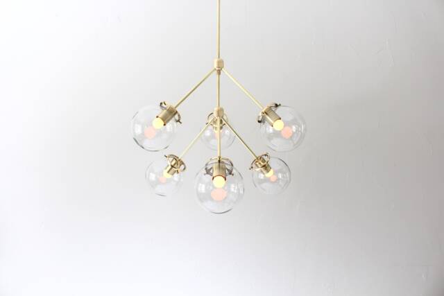 Sputnik Chandelier, Brass Pendant Lighting Fixture, 6 Clear Glass Bubble Globes, Arms Mid Century Modern Kitchen Dining Room Chandelier - image 1