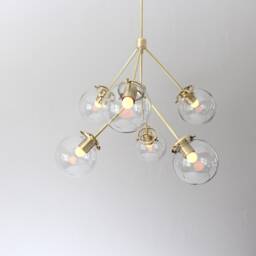 Sputnik Chandelier, Brass Pendant Lighting Fixture, 6 Clear Glass Bubble Globes, Arms Mid Century Modern Kitchen Dining Room Chandelier - thumbnail 3