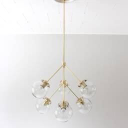 Sputnik Chandelier, Brass Pendant Lighting Fixture, 6 Clear Glass Bubble Globes, Arms Mid Century Modern Kitchen Dining Room Chandelier - thumbnail 4