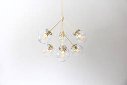 Sputnik Chandelier, Brass Pendant Lighting Fixture, 6 Clear Glass Bubble Globes, Arms Mid Century Modern Kitchen Dining Room Chandelier
