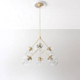 Sputnik Chandelier, Brass Pendant Lighting Fixture, 6 Clear Glass Bubble Globes, Arms Mid Century Modern Kitchen Dining Room Chandelier - thumbnail 2