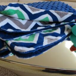 Personalized Minky Baby Boy Blanket, Embroidered Name, Usa Handcrafted, Dark Blue/Grey/Green Chevron - thumbnail 2