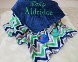 Personalized Minky Baby Boy Blanket, Embroidered Name, Usa Handcrafted, Dark Blue/Grey/Green Chevron - thumbnail 1