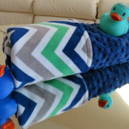 Personalized Minky Baby Boy Blanket, Embroidered Name, Usa Handcrafted, Dark Blue/Grey/Green Chevron - thumbnail 3