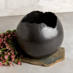 xxl Black Pottery Wide Round Ball-Shaped Planter Pot, Contemporary Large Decorative Planter, Handmade Ceramic Christmas Gift - thumbnail 3