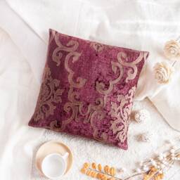 Tyrian Burgundy Purple Tan Throw Pillow Cover, Decorative Cushion Covers, Accent Velour Satin Blend Embossed Designer Farmhouse Cover - thumbnail 2