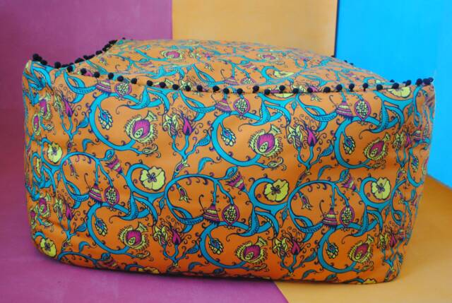 Moroccan Pouffe, Bean Bag, Seat Cushion, Pom Poms, Orange, Floral, Chic, Moroccan, Designer, Hand Made, Drawn, Thistle - image 1