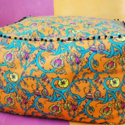 Moroccan Pouffe, Bean Bag, Seat Cushion, Pom Poms, Orange, Floral, Chic, Moroccan, Designer, Hand Made, Drawn, Thistle - thumbnail 3