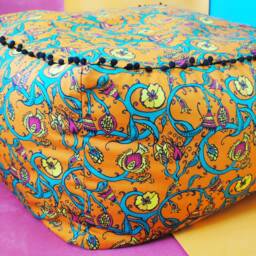 Moroccan Pouffe, Bean Bag, Seat Cushion, Pom Poms, Orange, Floral, Chic, Moroccan, Designer, Hand Made, Drawn, Thistle - thumbnail 2