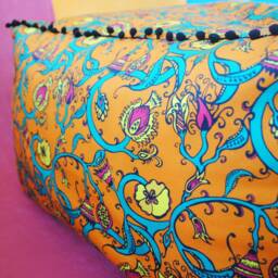 Moroccan Pouffe, Bean Bag, Seat Cushion, Pom Poms, Orange, Floral, Chic, Moroccan, Designer, Hand Made, Drawn, Thistle - thumbnail 4