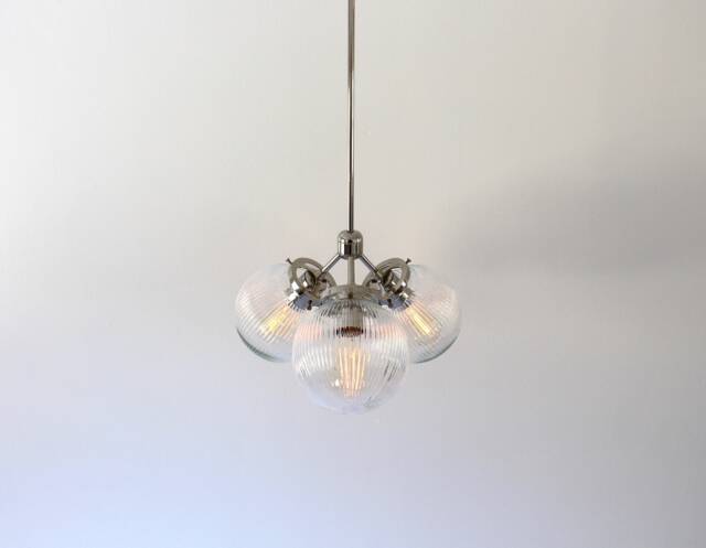 Modern Pendant Lighting Fixture, 3 Ribbed Glass Globe Shades, Industrial Ceiling Mount Lamp, Polished Nickel, Brass Or Matte Black - image 1