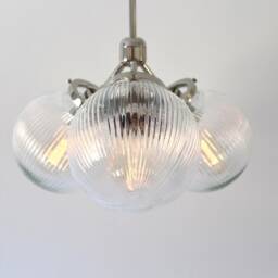 Modern Pendant Lighting Fixture, 3 Ribbed Glass Globe Shades, Industrial Ceiling Mount Lamp, Polished Nickel, Brass Or Matte Black - thumbnail 3