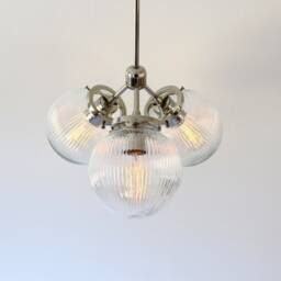 Modern Pendant Lighting Fixture, 3 Ribbed Glass Globe Shades, Industrial Ceiling Mount Lamp, Polished Nickel, Brass Or Matte Black - thumbnail 2