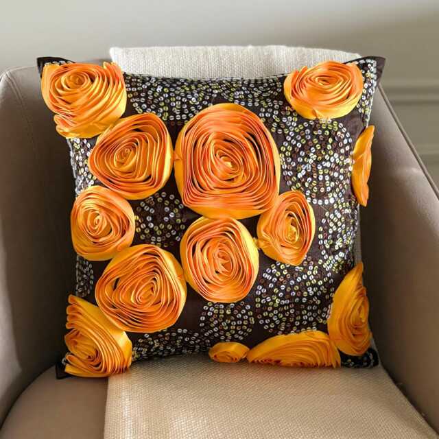 Art Silk Ribbon Embroidered Chocolate Brown Rose Decorative Pillow Sham, 24x24/26x26 Modern Euro Floral Pillowcase-Chocolate Marigolds - image 1