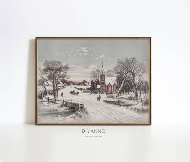 Antique Christmas Eve Print, Night Village Wall Decor, Rustic Holiday Poster, Snowy Landscape Printable, Winter Cottage Canvas - image 1